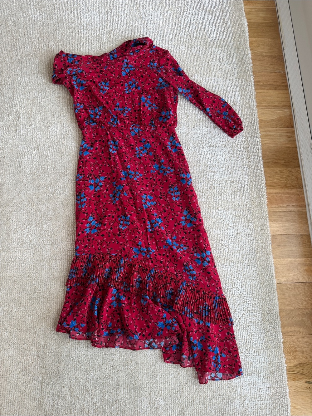 SALONI Red Floral Asymmetrical Midi Dress with Blue Accents